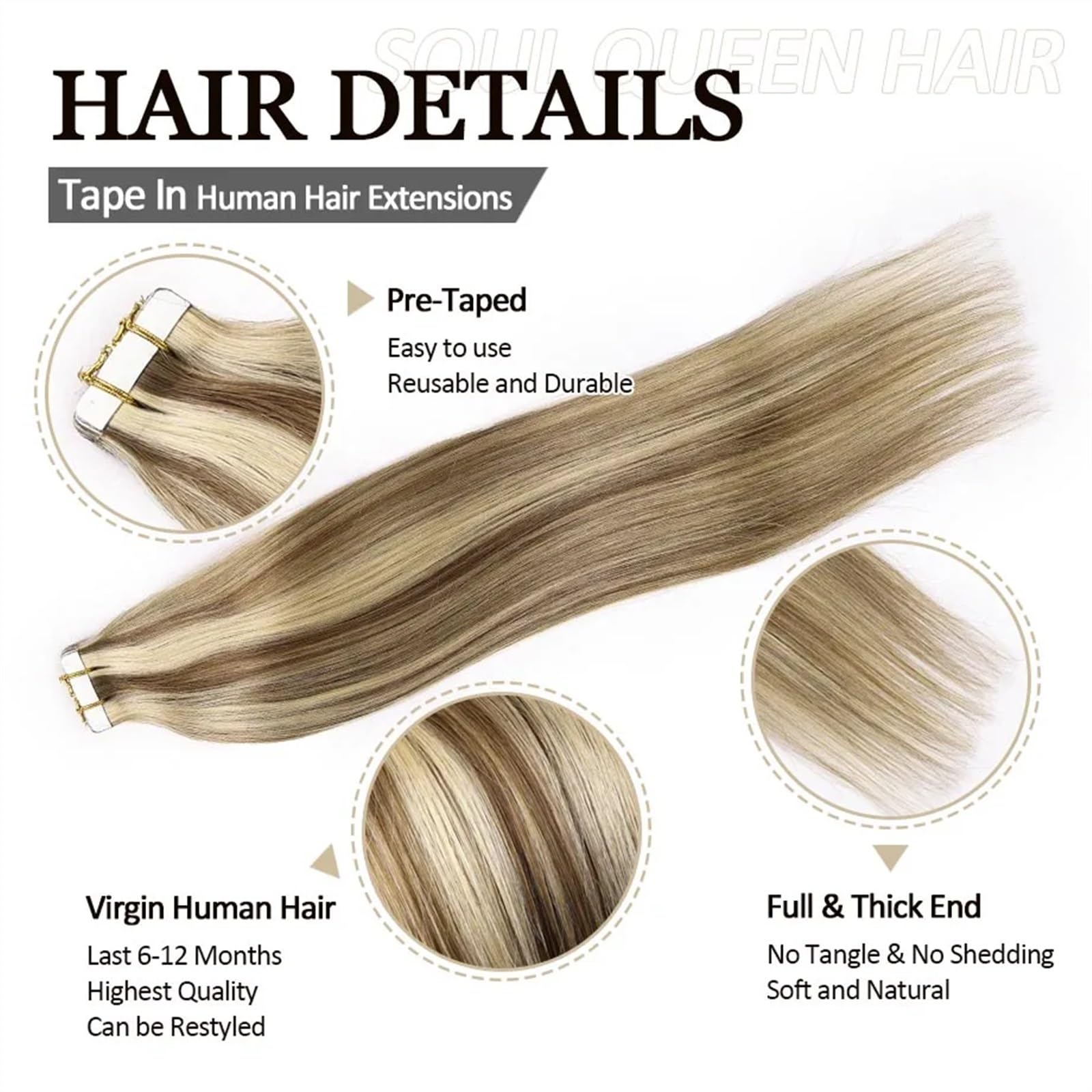 Bandverlängerungen Gerade Menschenhaar Remy Band in Menschenhaar Extensions PU-Band Aschebraun Leuchtendes Blondband Haarverlängerung (20 pcs,24