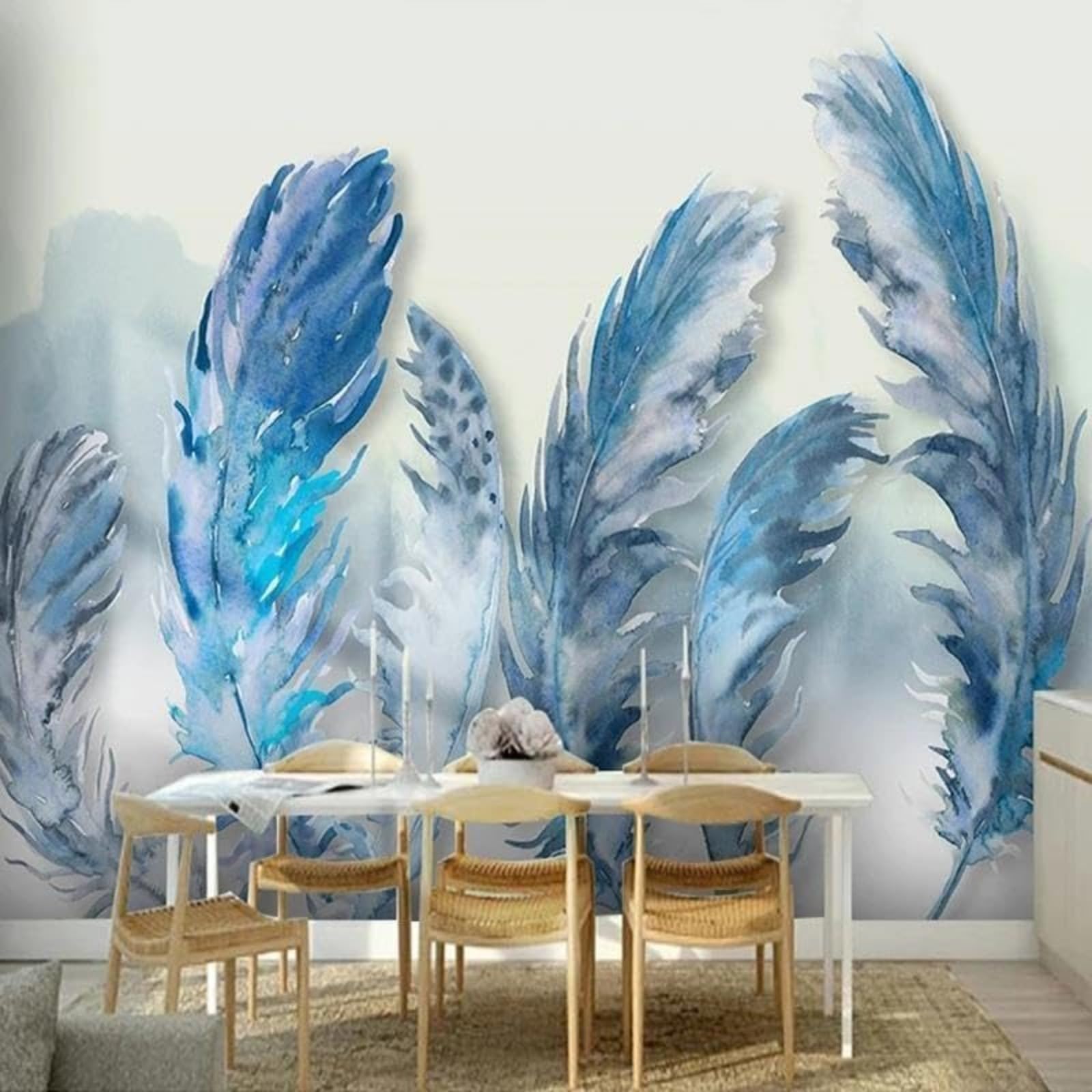 Mural 3D salon pour agrandir une piece sombre paysage feuilles bleues geantes 430x300