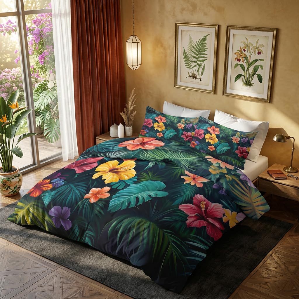 Housse de Couette Palmier 240 x 260 Parure de Lit Excellente Douceur Microfibre Motif PKA6008