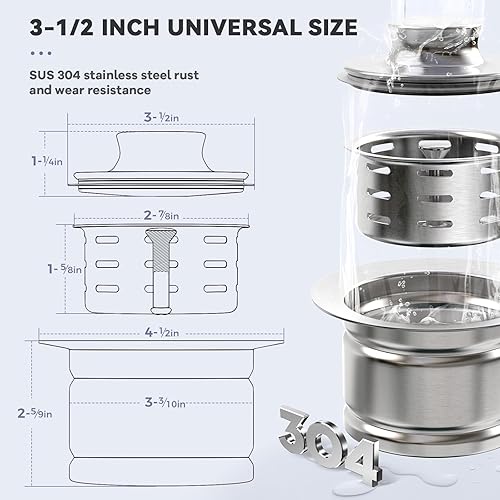 Miniatura 6 de KONE Kit de brida de eliminación de basura extendida de 3-12 pulgadas con tapón de colador, brida de fregadero de cocina de acero inoxidable 304,
