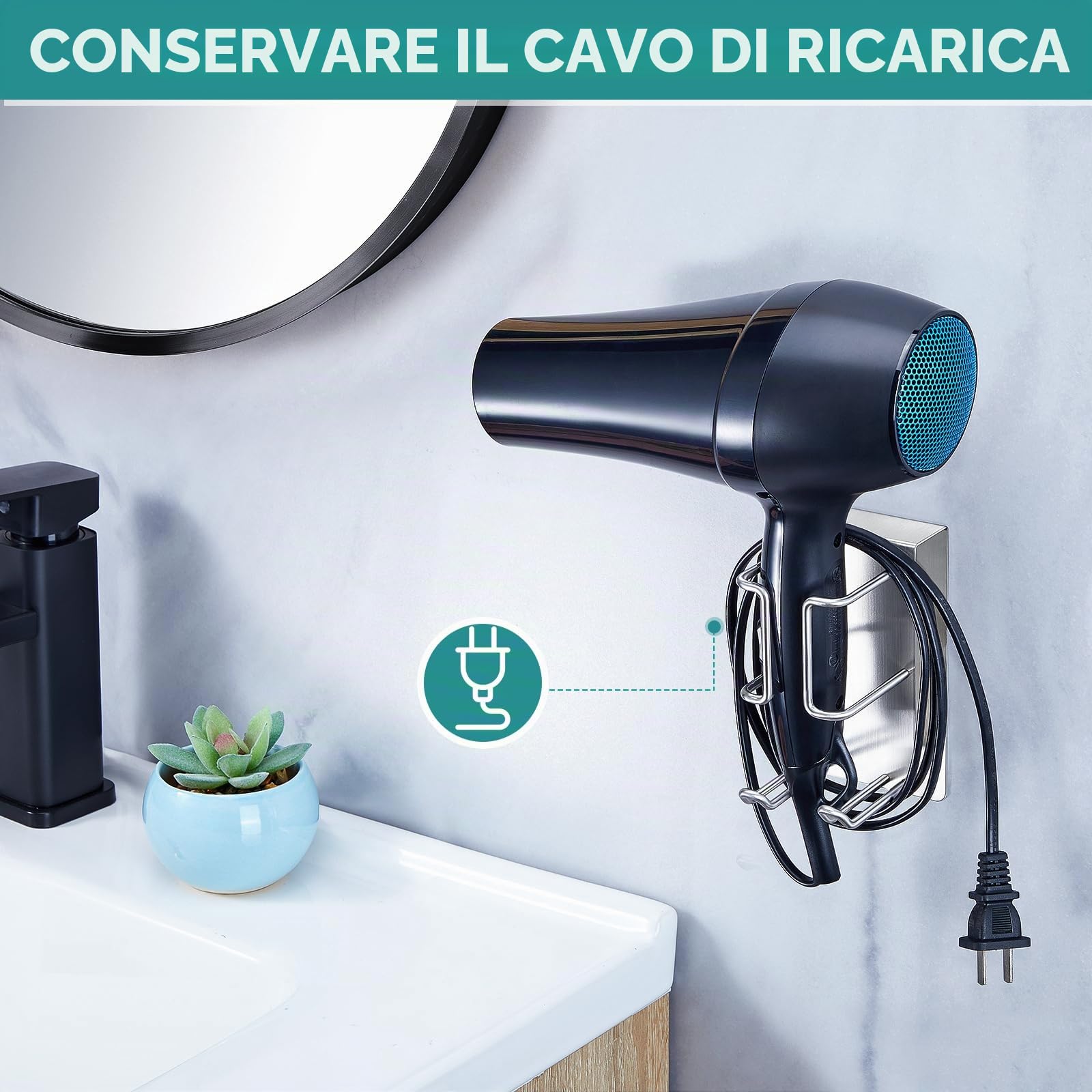 GGQ Supporto per asciugacapelli e piastra, porta phon senza foratura, porta phon da muro, contenitore per piastra e asciugacapelli, appendi phon bagno autoadesivo (Argento)