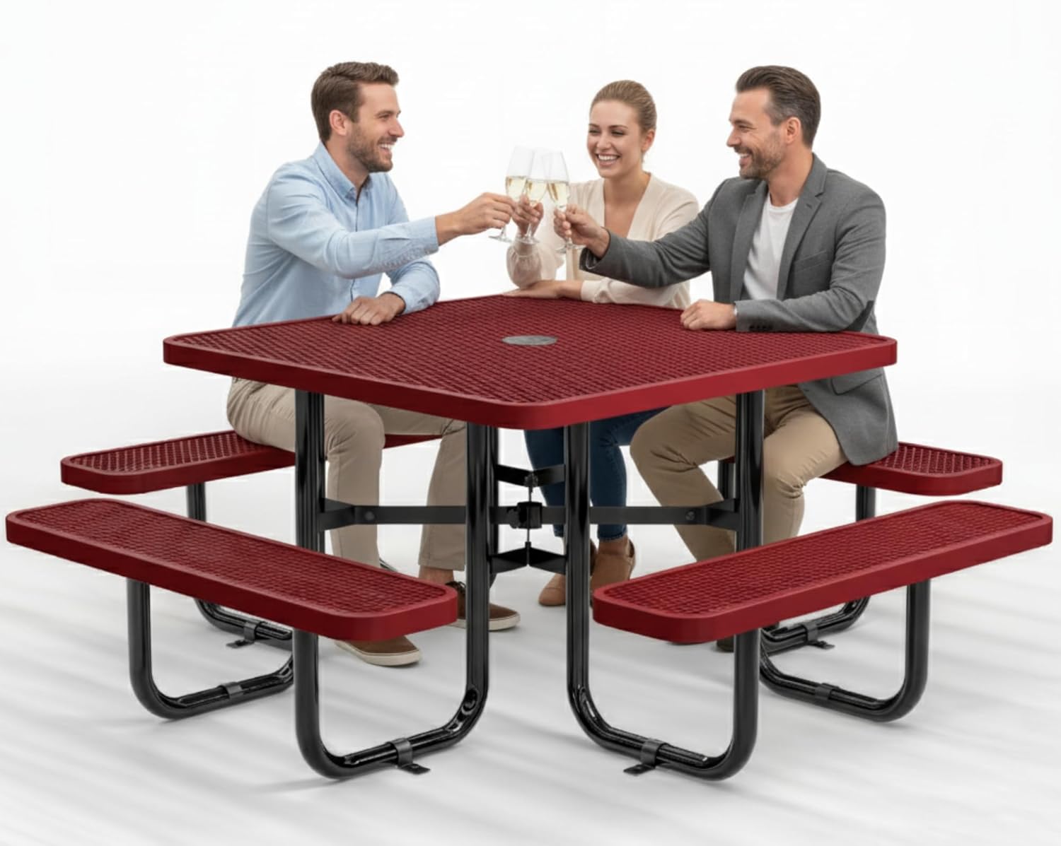 OUTTANS Metal Picnic Tables for Outdoors with Umbrella Hole - Coated Steel Heavy Duty Commercial Grade Furniture with