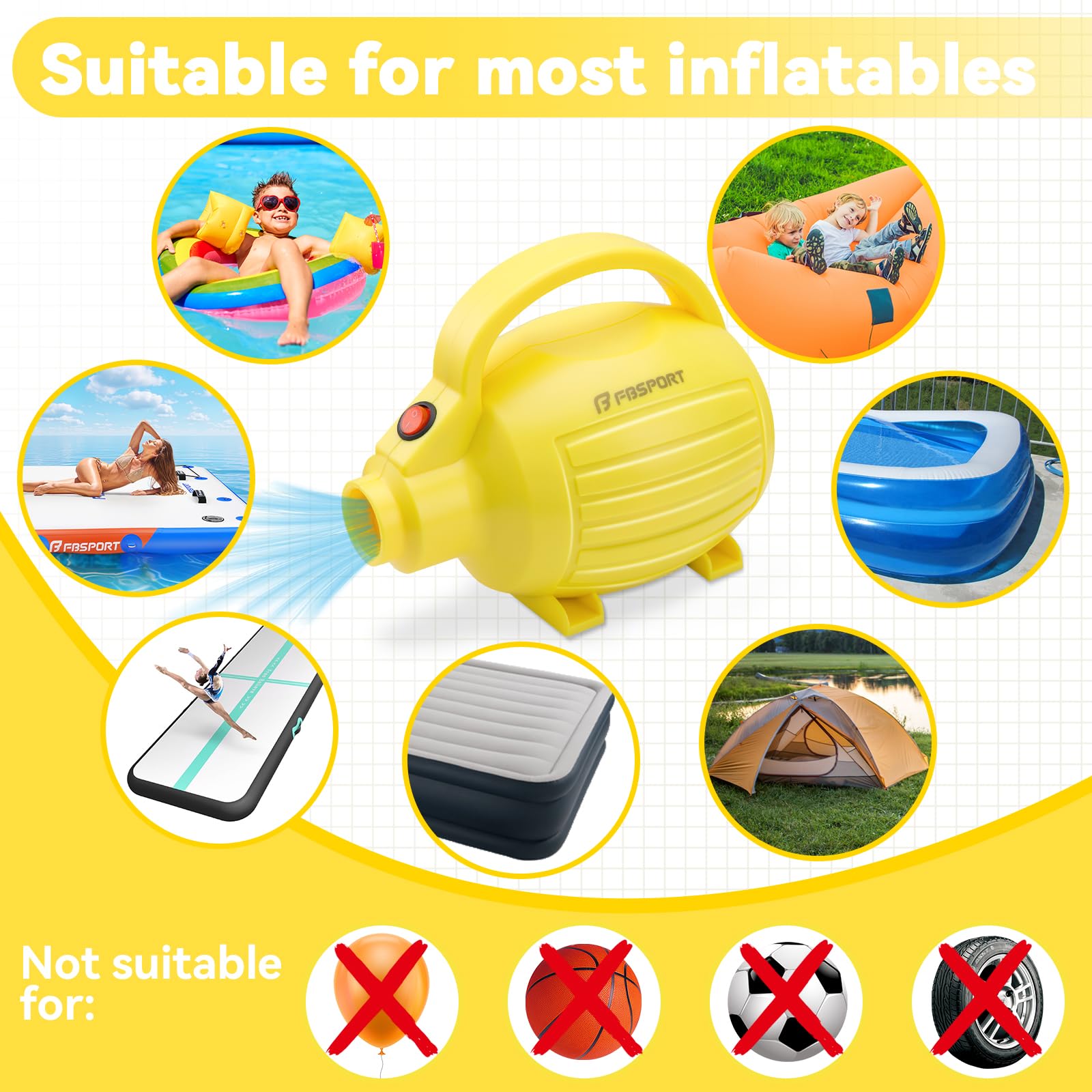 Pompa Gonfiatore Elettrica Portatile 600W con 4 Ugelli per Gonfiare/Sgonfiare, per Materassi Ad Aria, Gommoni, Salvagenti, Palle Yoga, Piscine Gonfiabili | Alimentazione AC 220-240V