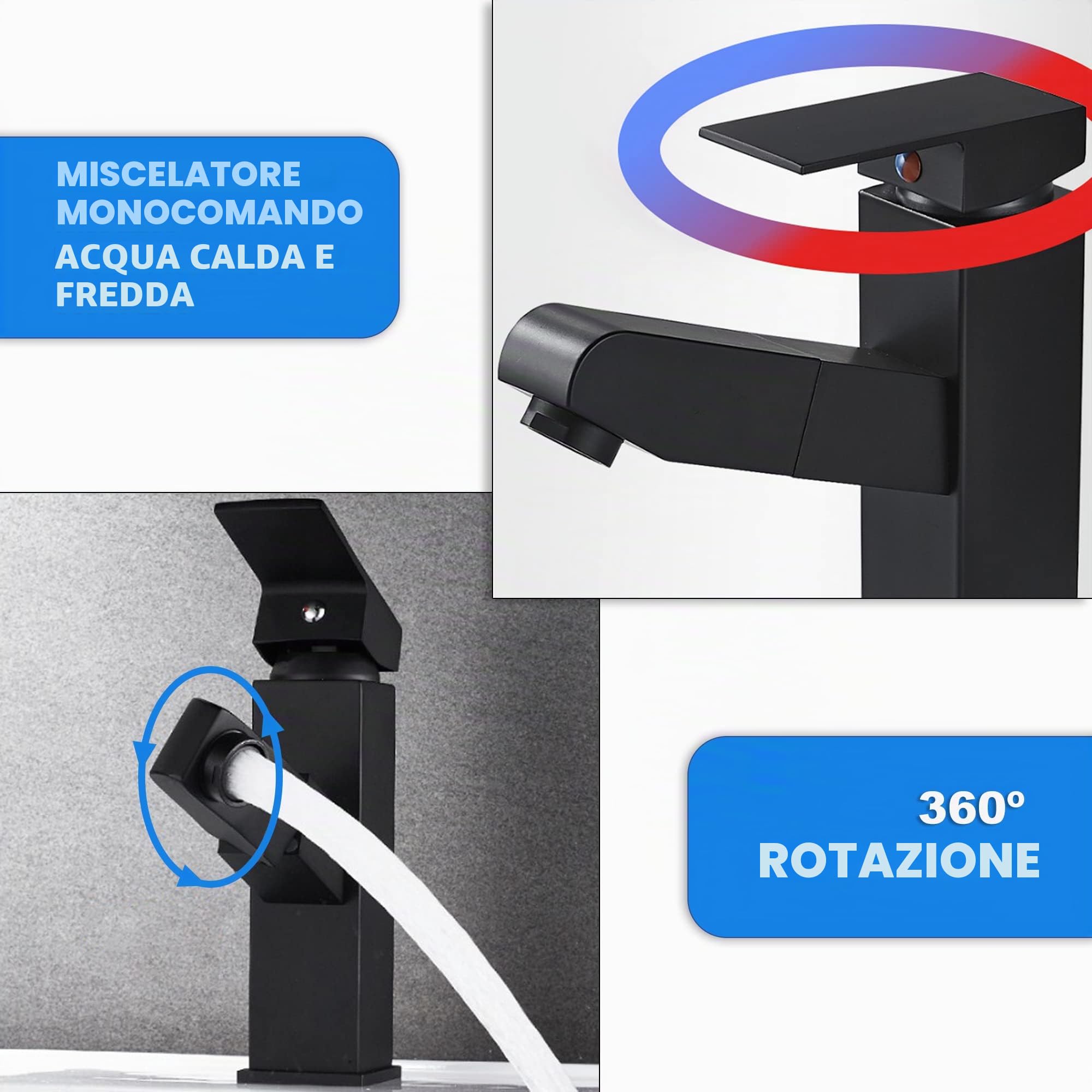Rubinetto bagno nero con doccetta estraibile acciaio inossidabile acqua calda e fredda con 2 tubi inclusi miscelatore lavabo