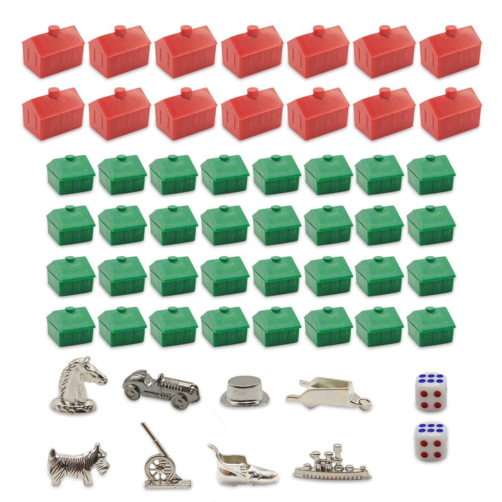 Monopoly Replacement Parts Set - 12 Red Hotels, 32 Green Houses & 8 Metal Toy Figures - High Quality Monopoly Accessories Replacement Set for Board Games, Replacement Houses and Hotels Made of Plastic