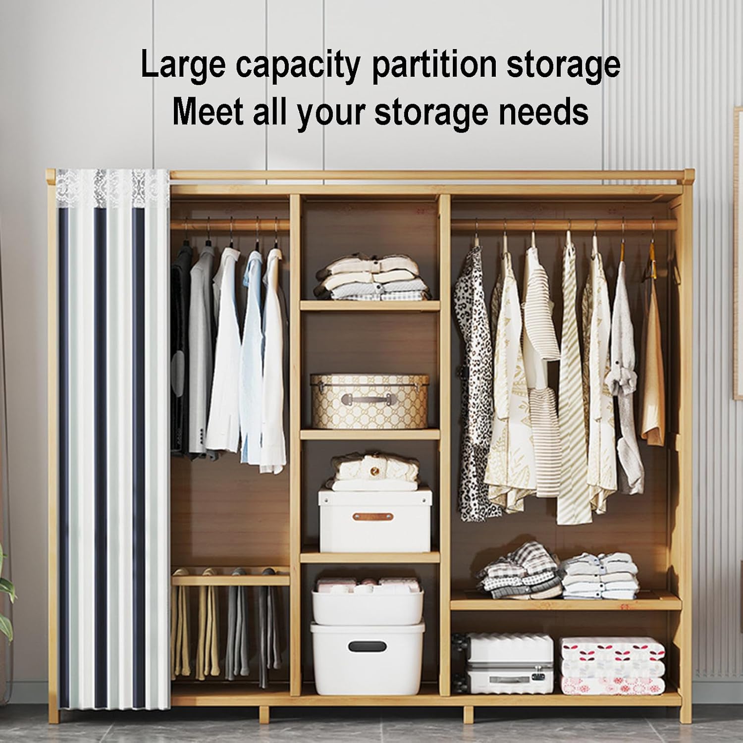 自立式フロアミラーコートラック、オープンワードローブ、竹製コートラック（洋服レールとカーテン付き）、寝室、廊下、リビングエリア用の棚