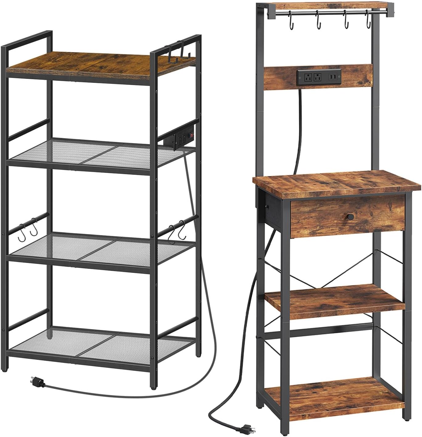Bakers Rack with Drawer and Bakers Rack with Charging Station Bundle, Microwave Stand with Hooks, BRHR48E01-BRHR40E01N1