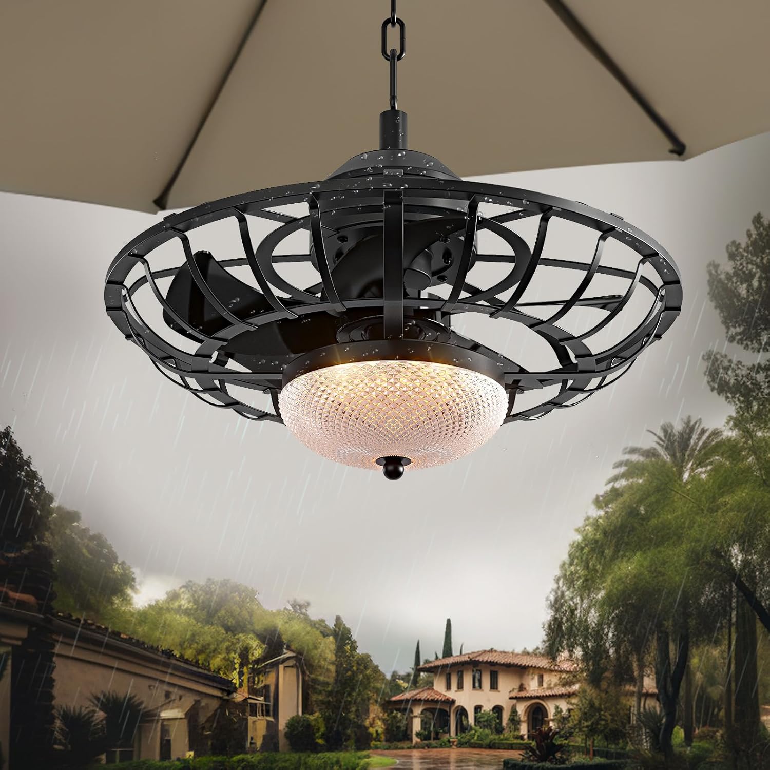 20" Outdoor Ceiling Fan with Light, IP65 Waterproof Gazebo Fan, Remote Control, 6 Speeds, 3CCT, Plug in Caged Ceiling Fan with Hanging Hook for Patio, Porch, Pergola 1021-Black