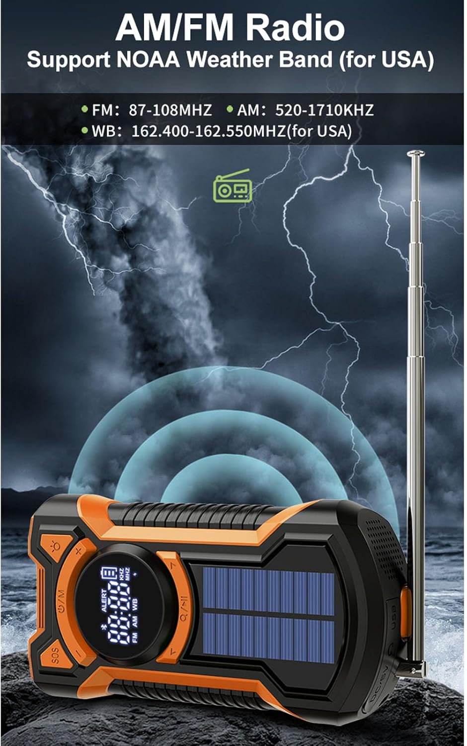XUMIUZIY Emergency Hand Crank Radio, Portable NOAA AM FM WB Weather Radio, Water Proof Solar Powered Weather with 5000mAh LED Flashlight for Outdoor