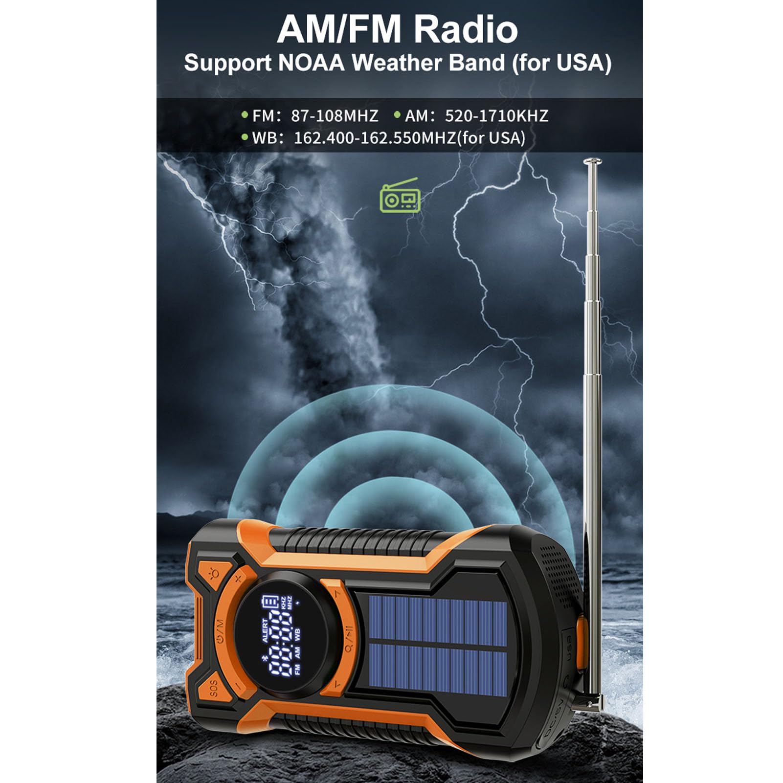 Radio de Emergencia 5000mAh Radio Meteorológica NOAA Am FM WB con Manivela Solar, Linterna LED SOS y Cargador de Teléfono, Radio Portátil a Prueba de Agua IPX5, Bluetooth 5.3 para