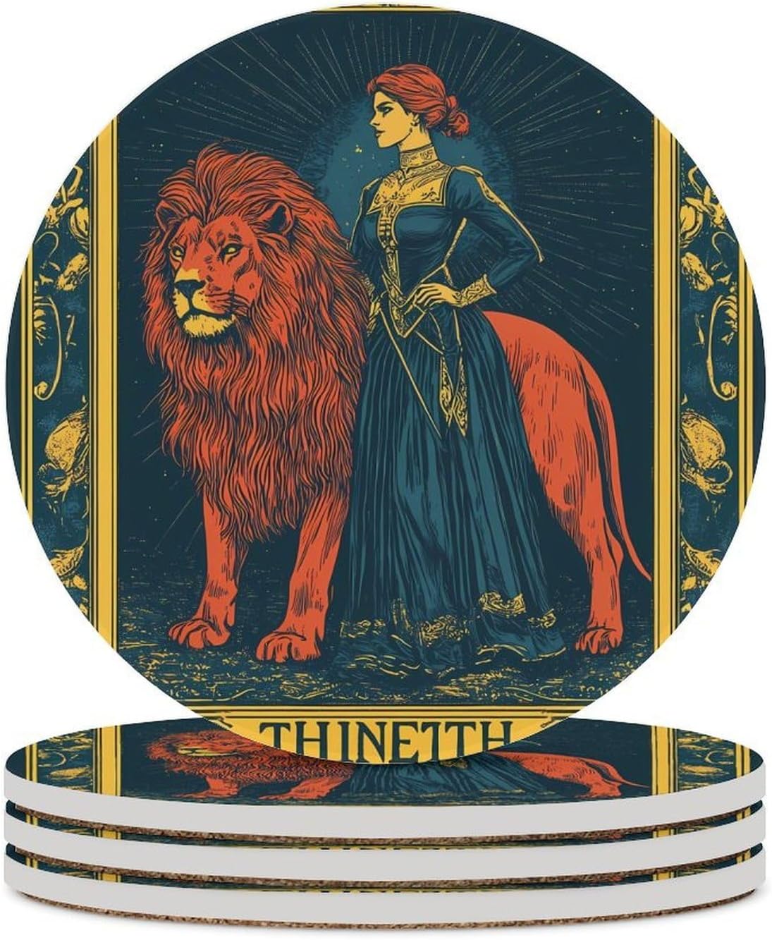 Masonic Exchange Strength Tarot Card Coasters for Drink Round Ceramic Coaster with Cork Base Home Decorative 4PCS