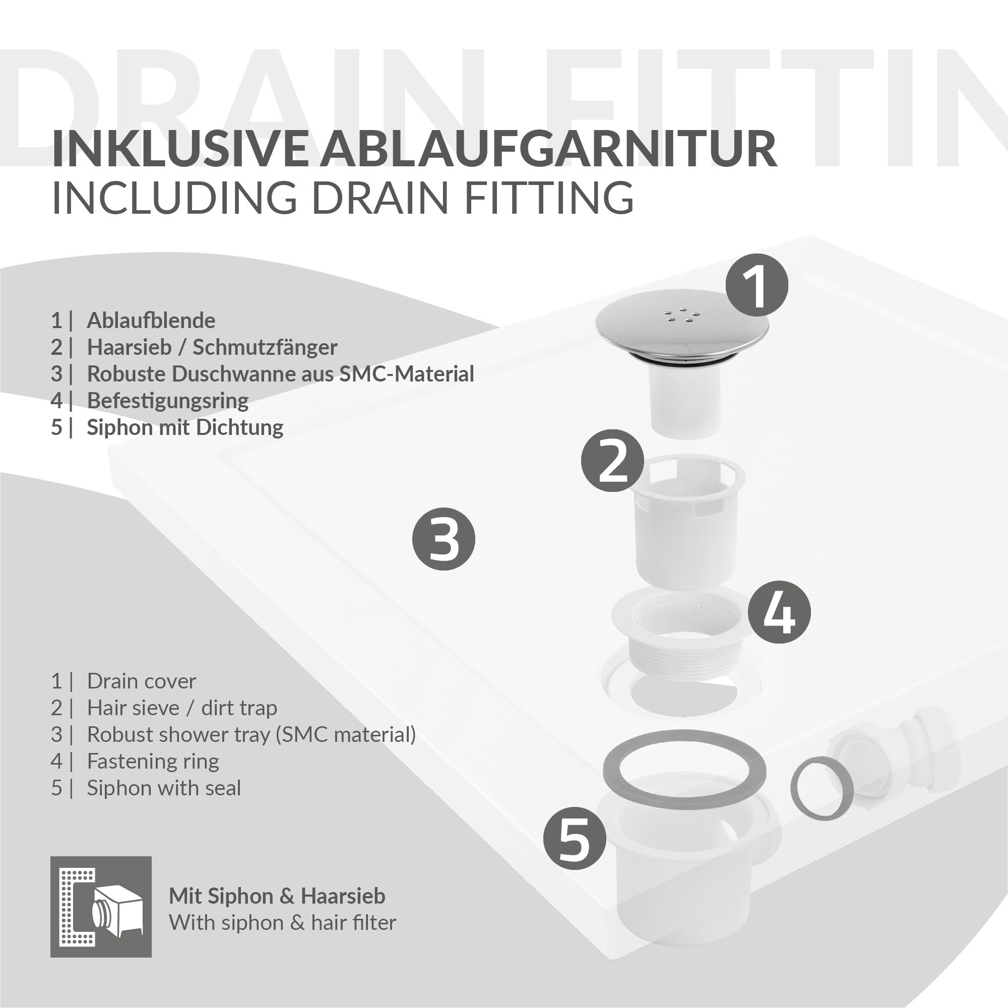 LuxeBath Plato de Ducha 80x80 cm Cuadrado con Válvula de Desagüe, Base de Ducha para Mamparas en Resina Extraplano con Sifón, H4cm, Acabado Brillante, Forma Angular, 3 Opciones de Instalación, Blanco