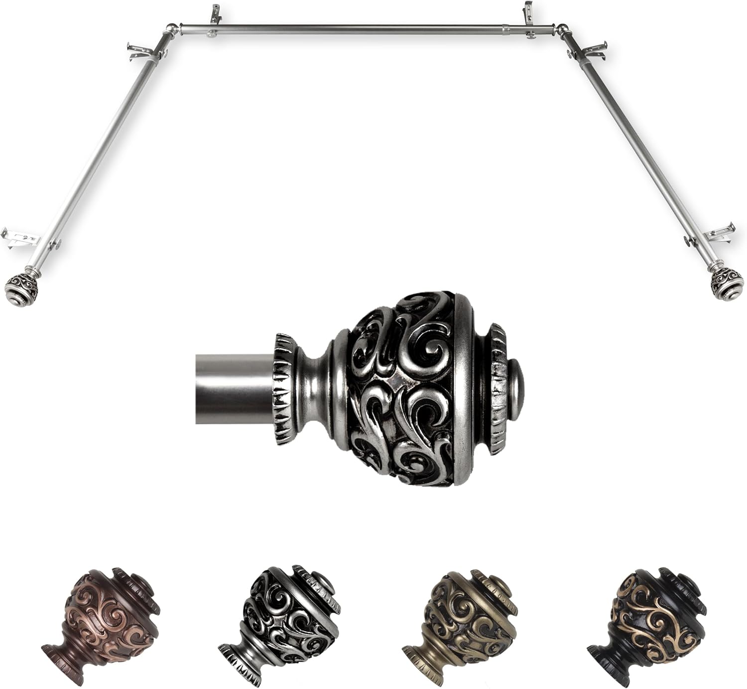 Rod Desyne 13/16" Eleanor Bay Window curtain rod 20"-36", 38"-72" - Satin Nickel