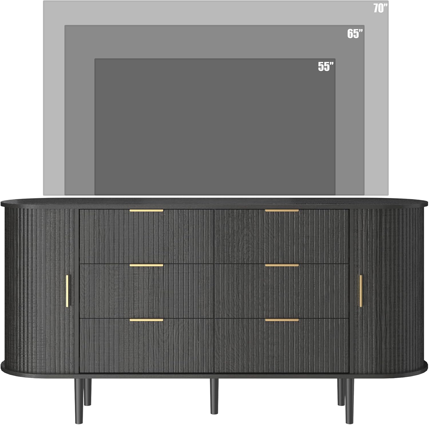 Modern Curved Fluted TV Stand for TVs up to 70 Inches, TV Console with Sliding Doors and Drawers, Credenza with Storage Cabinet for Living Room, 63 Inch, Black