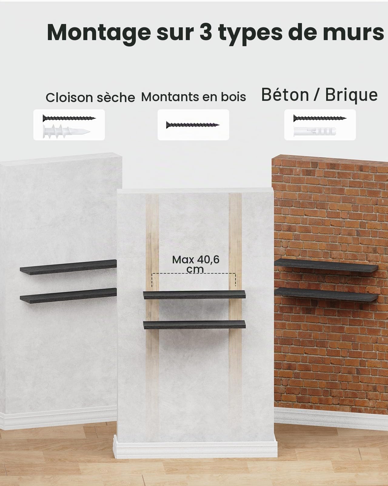 STOREMIC étagère Murale 60 cm avec Supports cachés, Lot de 2, Noir | Étagères murales pour chambre, salle de bain, bureau et salon, panneaux MDF, rangement flottant moderne, montage facile