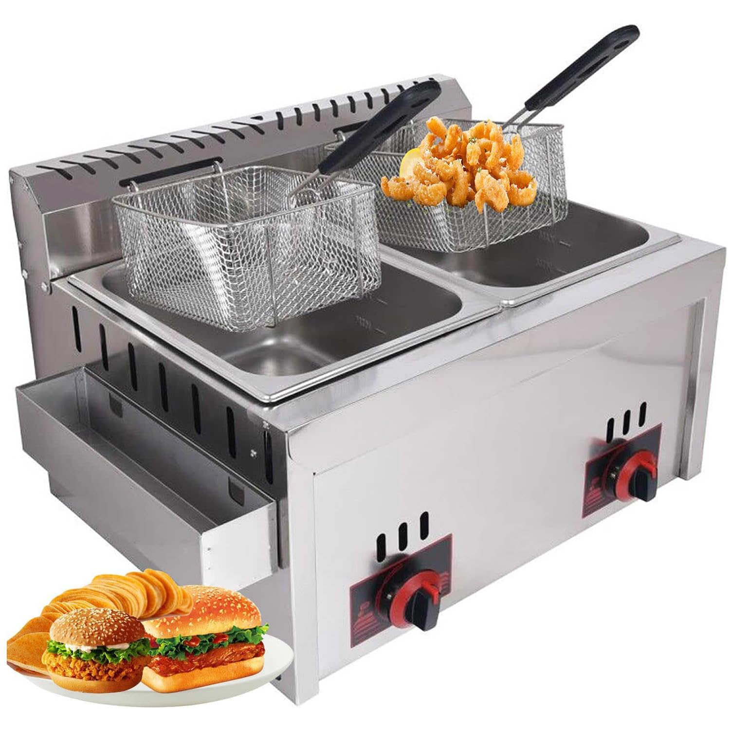 Qiang Friteuse à Gaz Double Cylindre en Acier Inoxydable Friteuse pour Poulet pour Restaurant Commercial Professionnel avec Paniers Et Couvercles pour Cuisine à Maison,20L