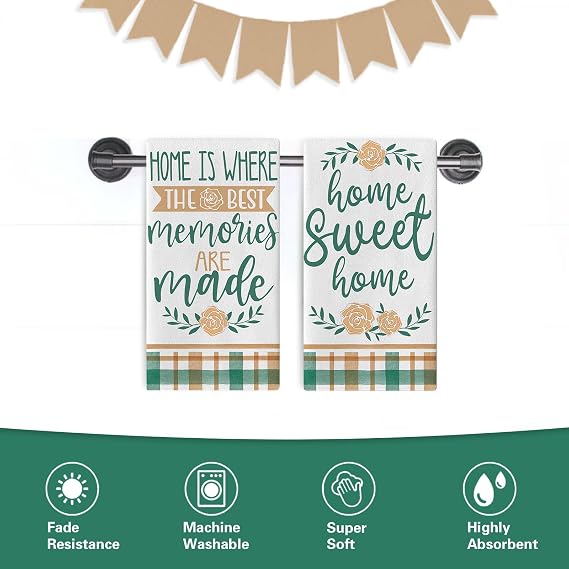 Home Sweet Home Kitchen Dish Towels Set of 2, Family Memories Rose Flower Drying Hand Towel Baking Cooking Cloth, Green Orange Buffalo Plaid Farmhouse Bathroom Decoration 18'' x 26''