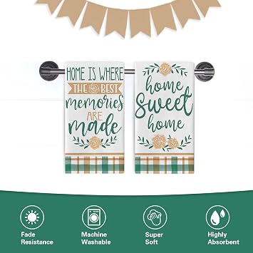 Home Sweet Home Kitchen Dish Towels Set of 2, Family Memories Rose Flower Drying Hand Towel Baking Cooking Cloth, Green Orange Buffalo Plaid Farmhouse Bathroom Decoration 18'' x 26''