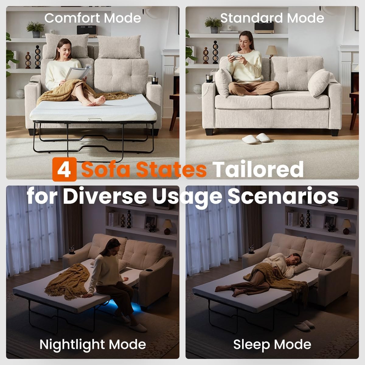 Full Size Pull Out Sleeper Sofa Bed, 2-in-1 Convertible Corduroy Pull Out Couch Bed with USB Charging, Memory Form Loveseat Sleeper for Living Room, Apartment, Small Space, Corduroy Beige, Full Size