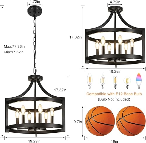 Miniatura 5 de LynPon Candelabro grande y moderno de granja de 19 pulgadas, lámpara de techo convertible semiempotrada, lámpara colgante de jaula redonda rústica