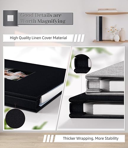 Miniatura 5 de Álbum de fotos autoadhesivo para fotos de 3 x 5, 4 x 6, 5 x 7, 8 x 10, 40 páginas, cubierta de lino con ventana de exhibición, libro de fotos, Negro