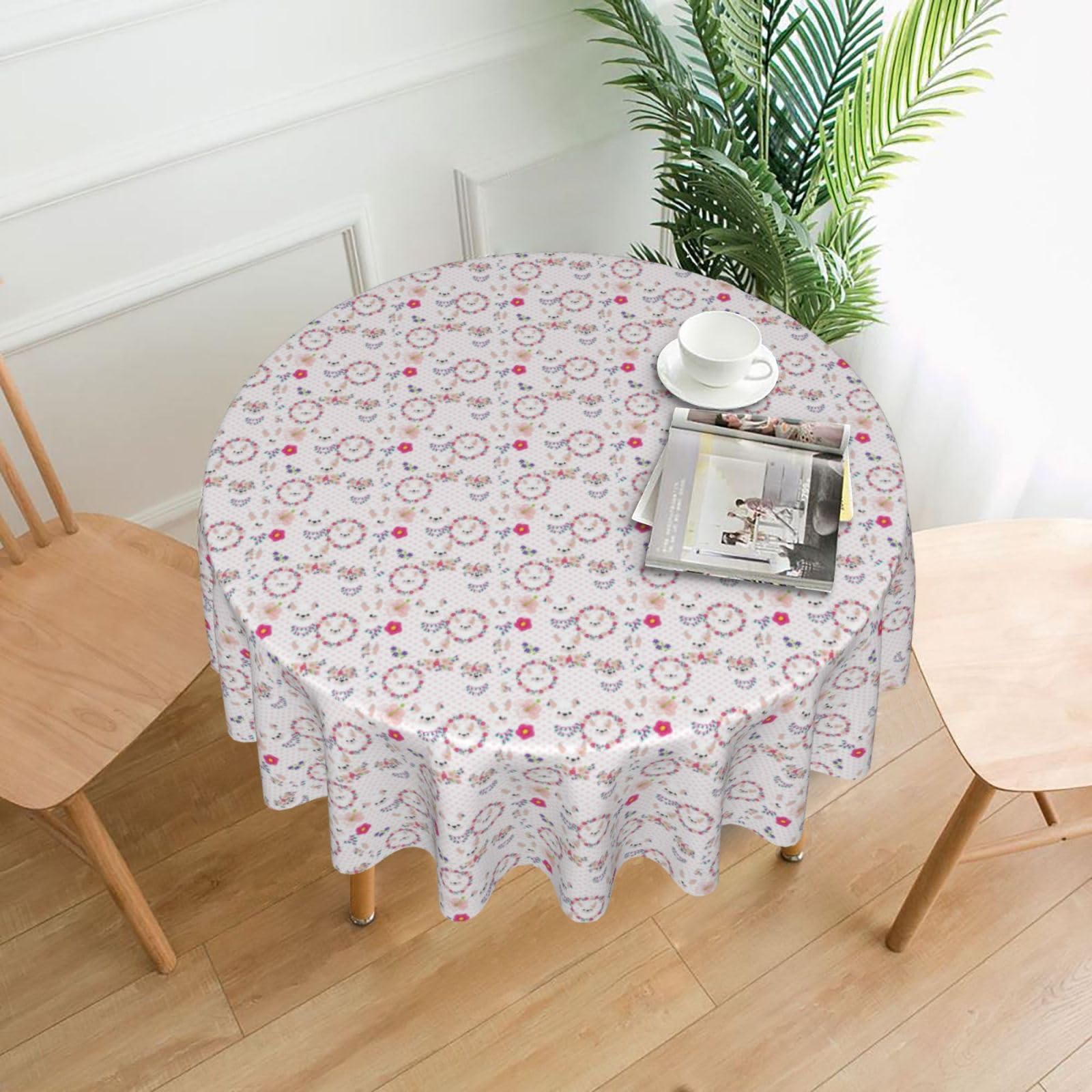Nbtghga Cartoon Llama Alpaca Print Tablecloth Round Border Table Cloth Cover Decorative For Party Holiday Dinning Tabletop Home