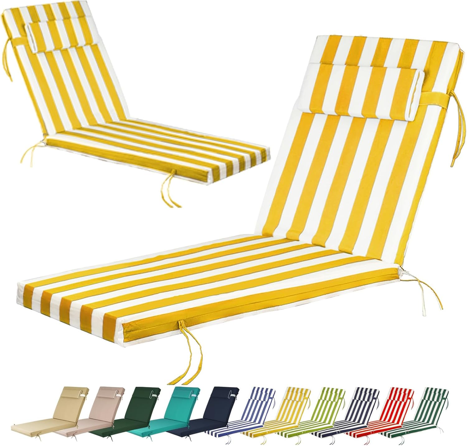 Chaise Lounge Cushions for Outdoor Furniture, Waterproof 74 x 22Inch Patio Chaise Lounge Cushion with Ties, 2.8 inch Thicks Replacement Cushion for Lawn Pool (Yellow White Stripe, 72*21 inch)
