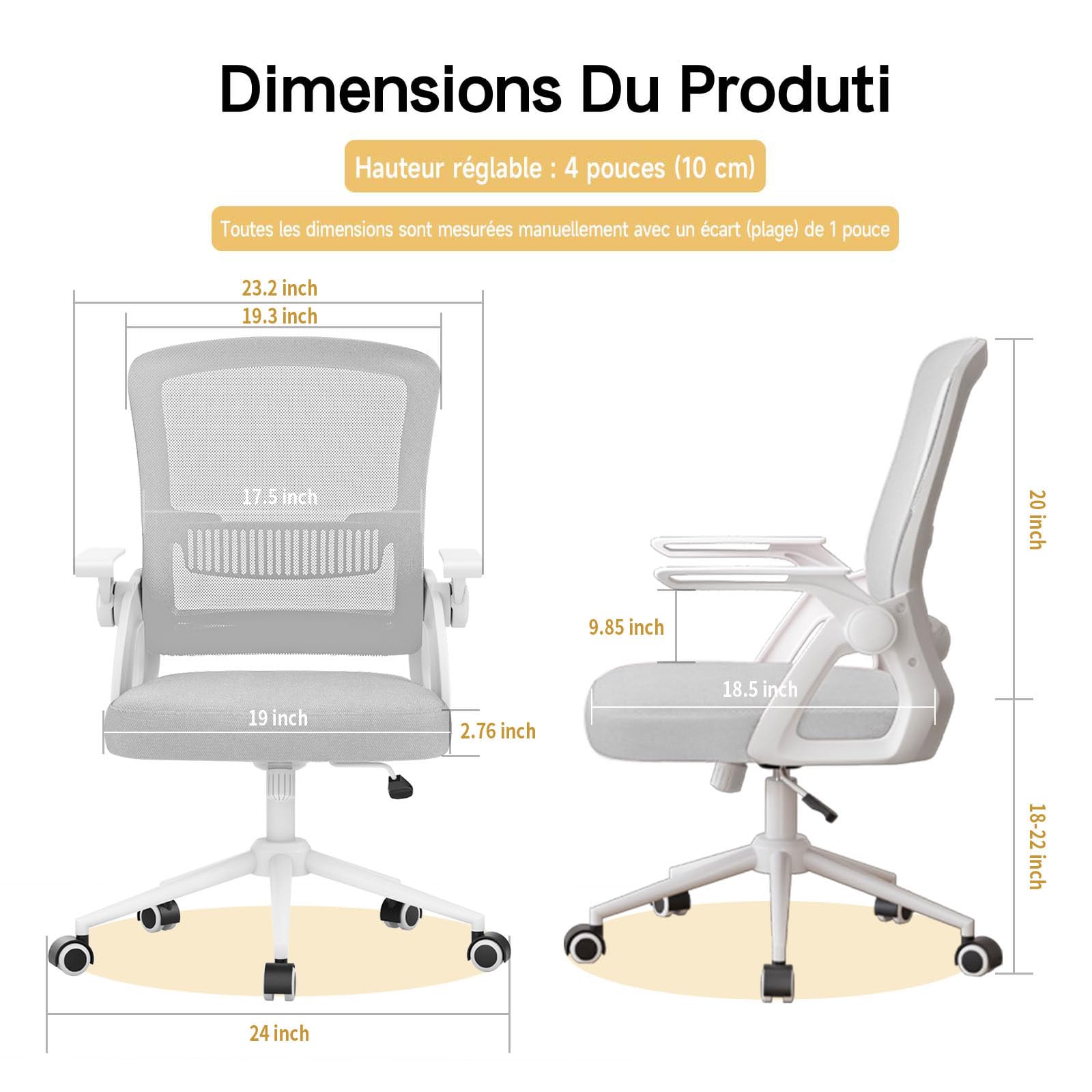 rattantree Chaise de Bureau Ergonomique pour la Maison et Le Bureau, Gris | Accoudoirs Pliables à 90°, Soutien Lombaire, Dossier Inclinable, Hauteur Réglable