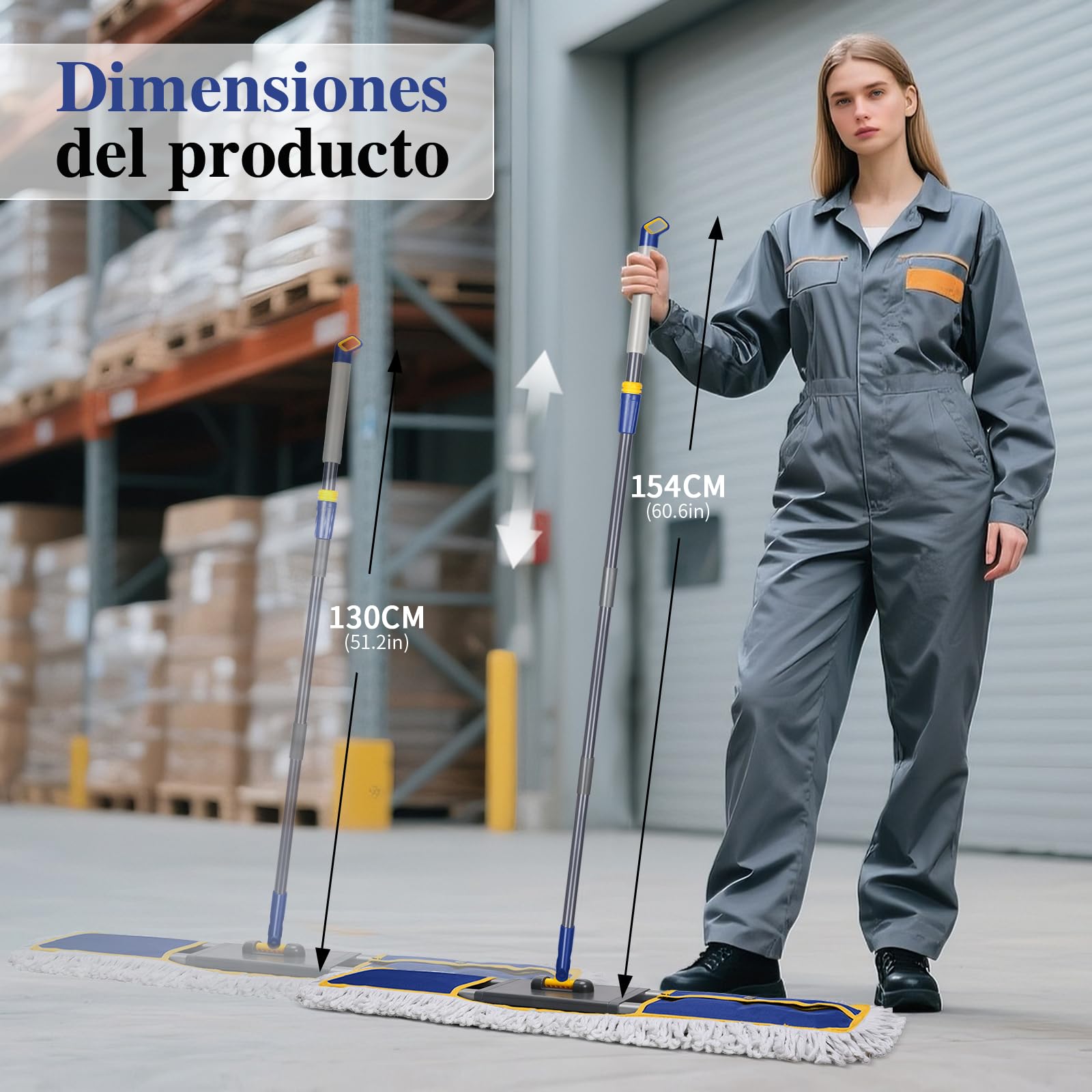 Masthome Juego de Mopa Profesional de 90 CM de Ancho, Fregona Profesional con Mango Alargado, Fregona Plana Industrial Ligera con Cabezal y 3 Almohadillas para Mopa, para Hotel, Centro Comercial