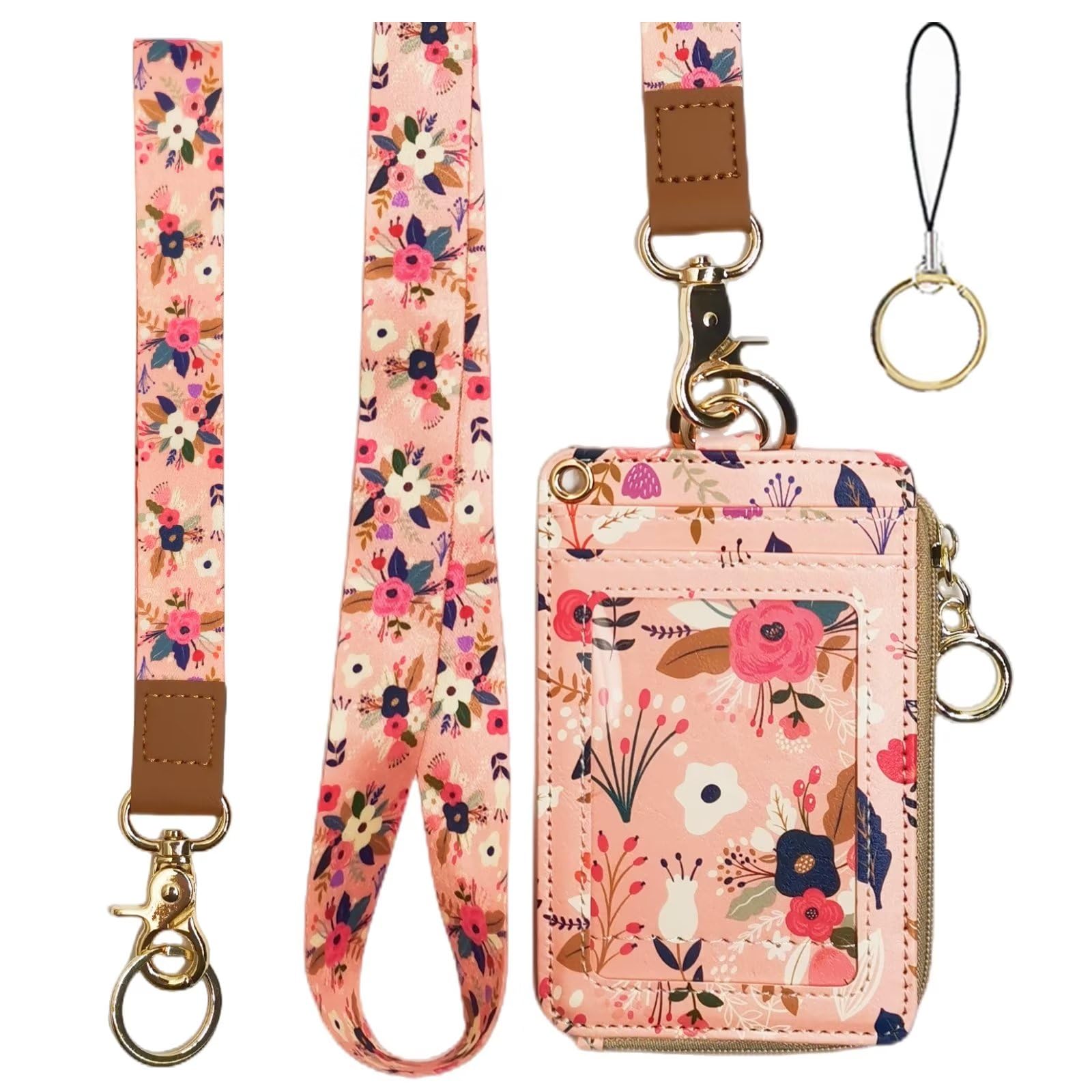 bolimoss Flower Badge Holder with Zipper, ID Name Tag Work Badge Clip Heavy Duty Vertical Card Protector Cover Case,Cute Lanyard Wallet for Work Office Nurse Medical Student Teacher Women — image 1