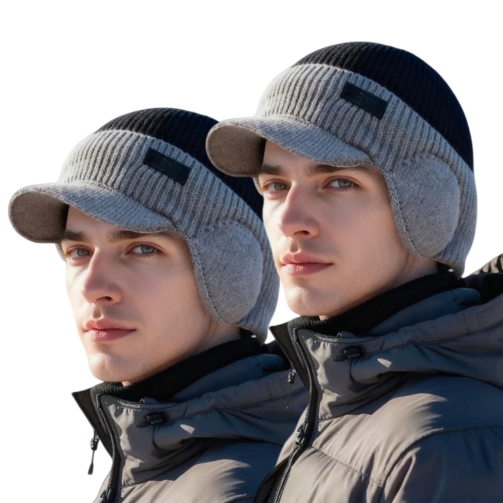 Olygee Unisex Black Windproof Thermal Cap With Visor For Men - Fleece-Lined Beanie With Ear Flaps, Ultimate Warmth & Style (,2Pcs)