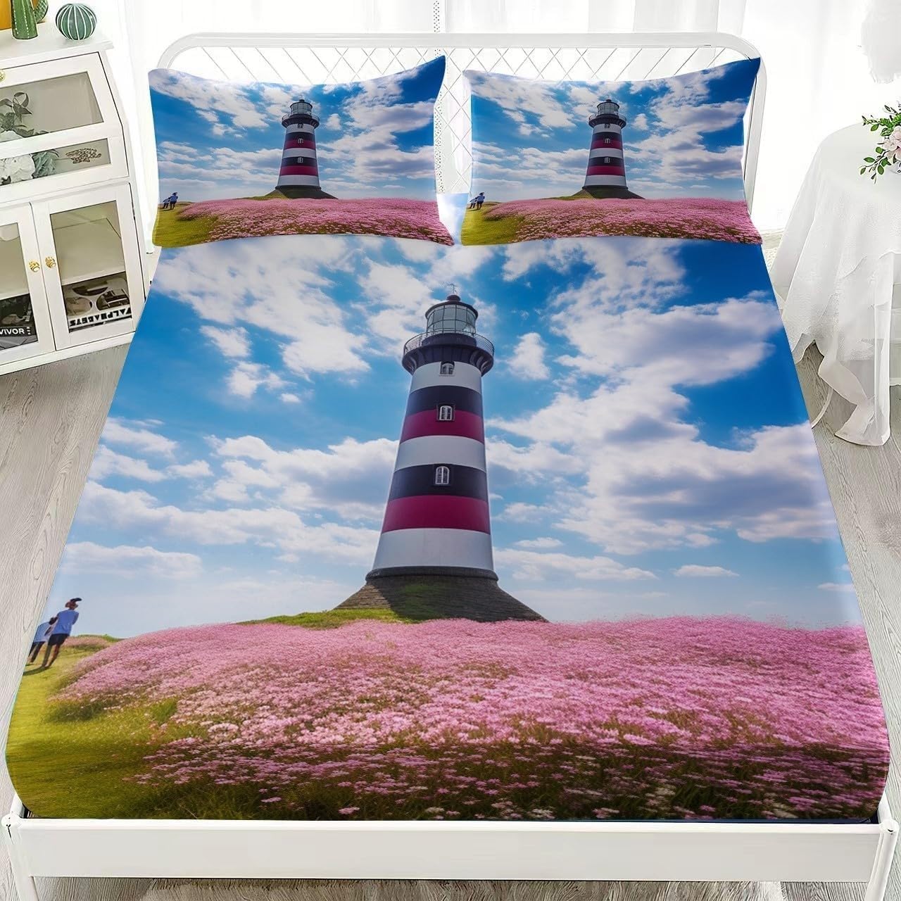 Nautical Double Fitted Sheet Landscape Bed Sheets Deep Pocket 12 inch (30 cm) Soft Cozy 3 Piece Microfibre Bed Sheet 135x190 cm with 2 Pillowcases 50x75 cm