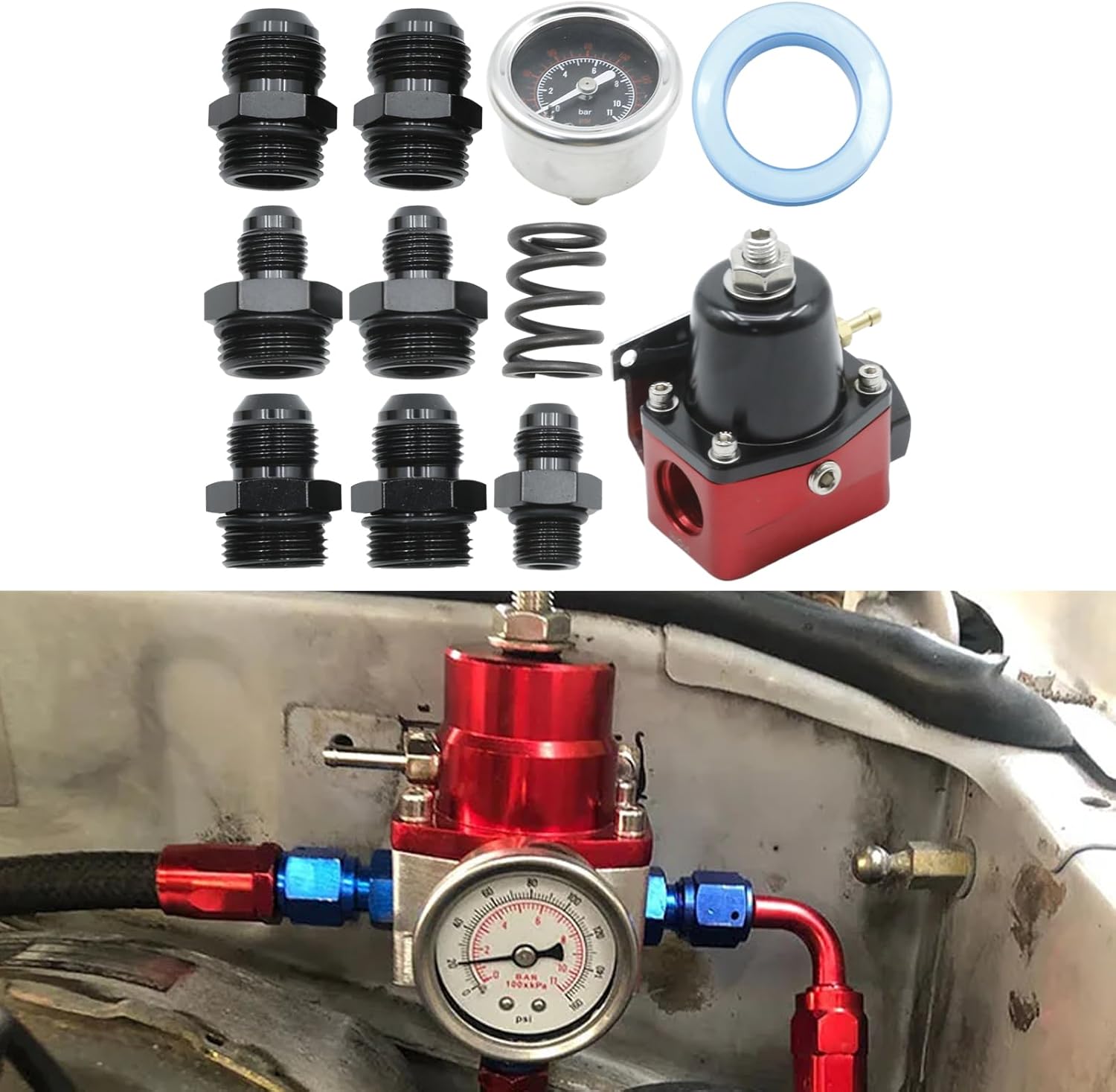 Fuel Pressure Regulator 6AN, Black-Red Fuel Adjustable Universal Pressure Regulator Kit with Bypass Return Liquid Filled Pressure Gauge, Suitable for Gasoline E85 and Alcohol