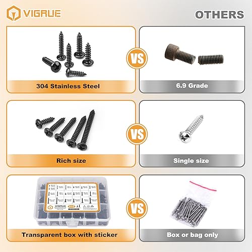 Miniatura 3 de VIGRUE Juego de 410 tornillos de madera de acero inoxidable negro #4#6#8#10 Phillips Tornillos de chapa metálica de cabeza plana Tornillos de madera