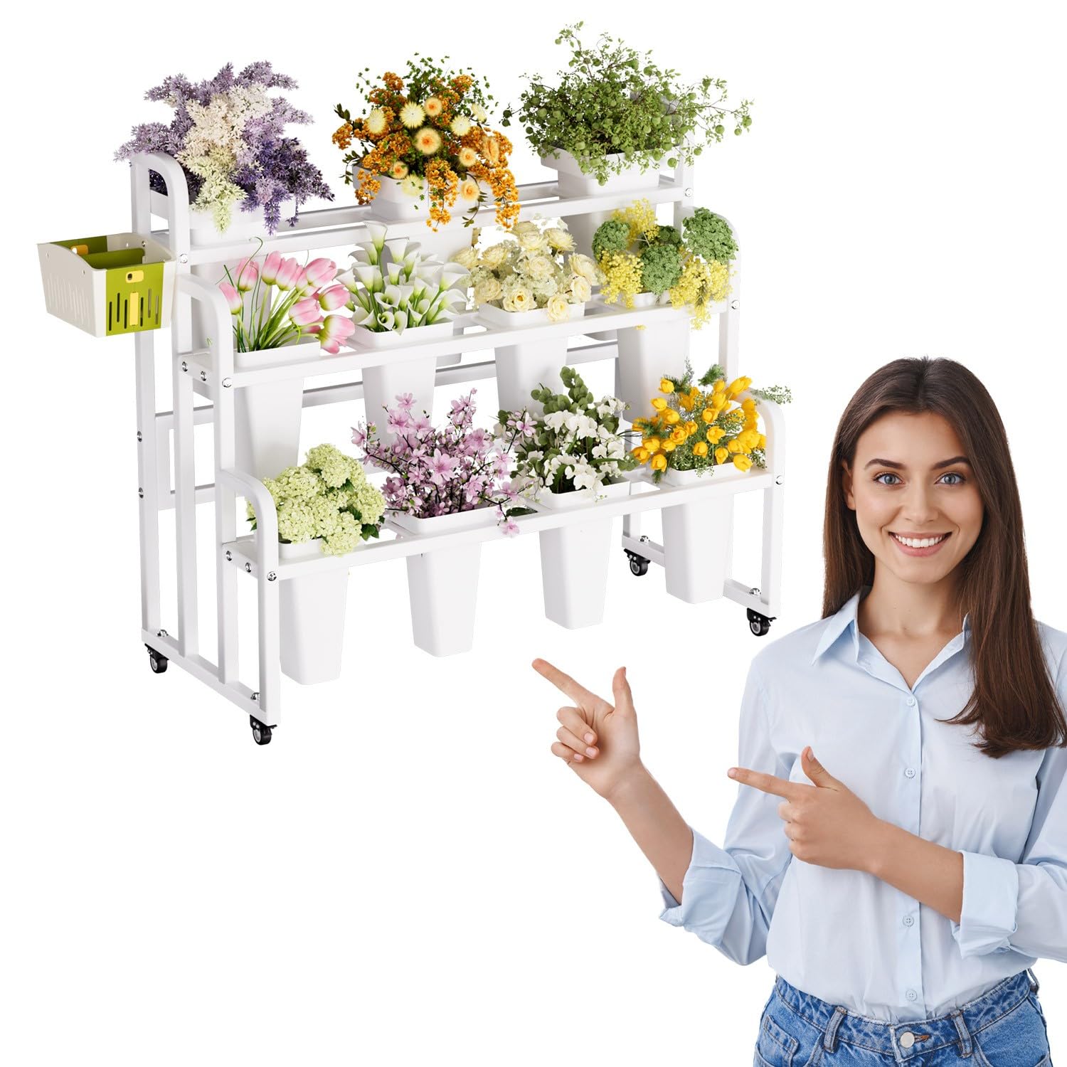 Supporto per piante a 3 ripiani, in metallo, con 11 secchi, espositore per fiori su ruote, per interni ed esterni, perfetto per patio, giardino, negozio
