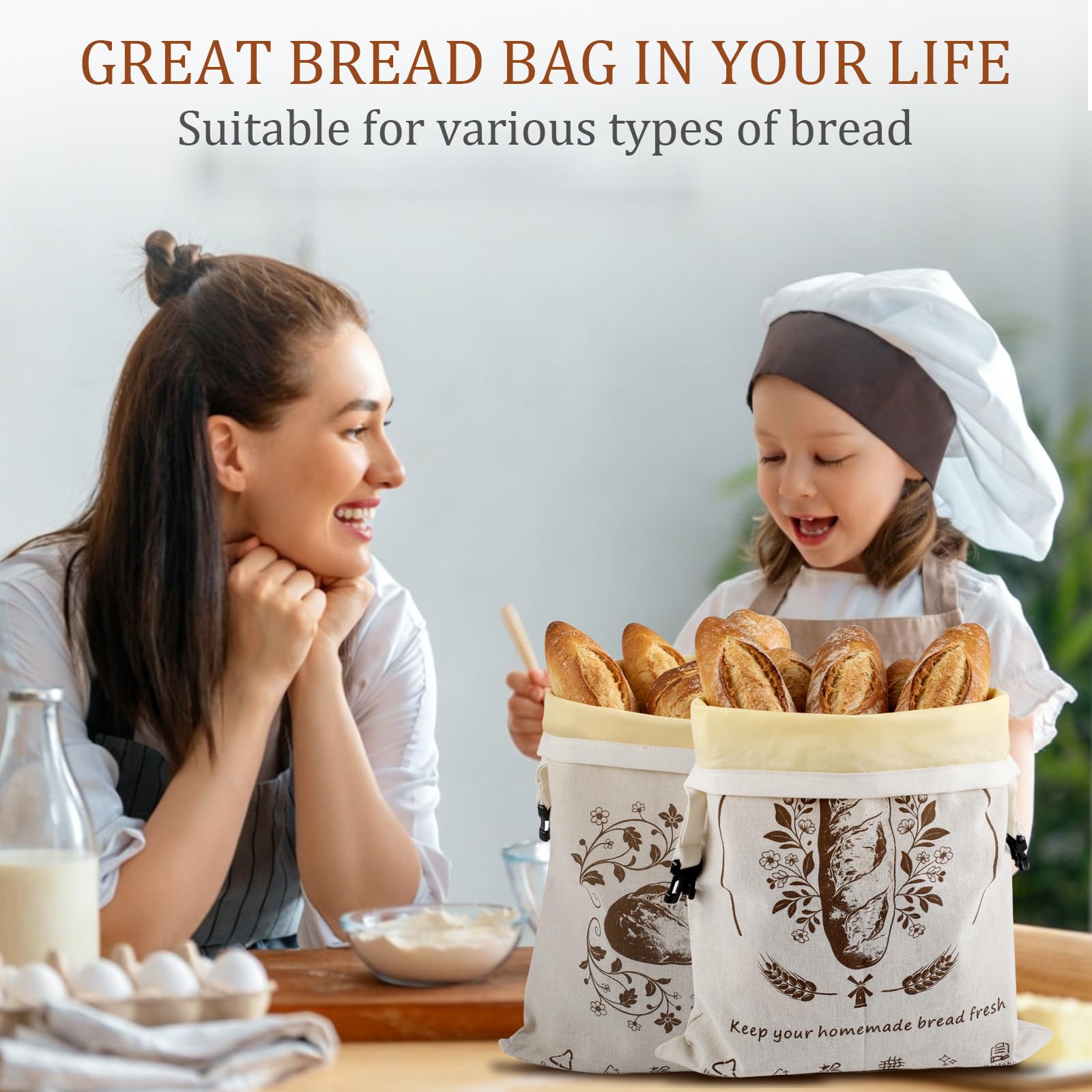 Paquete de 2 bolsas de pan reutilizables, bolsa de pan de lino natural para pan casero, bolsas de almacenamiento de masa madre con cordón con forro, bolsa de regalo para pan y alimentos
