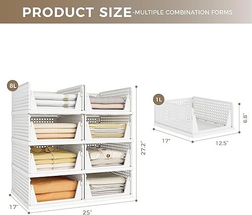 Miniatura 2 de Pinkpum Paquete de 8 organizadores de armario y almacenamiento apilables de plástico, contenedores de almacenamiento plegables para armario, cocina,