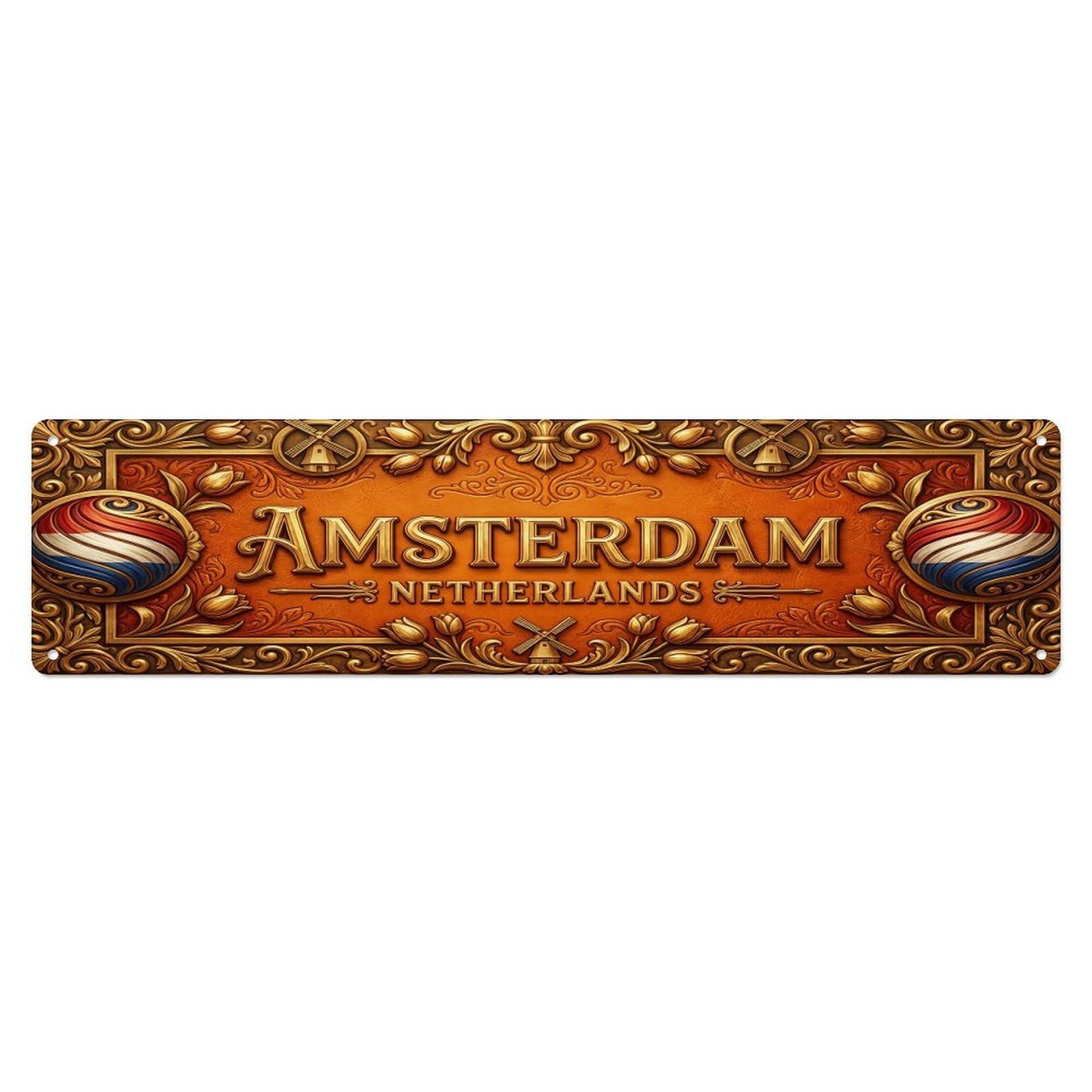 Olhnbad 4X16inch(10X40cm) Vintage Amsterdam Netherlands Flag Pattern Metal Tin Sign