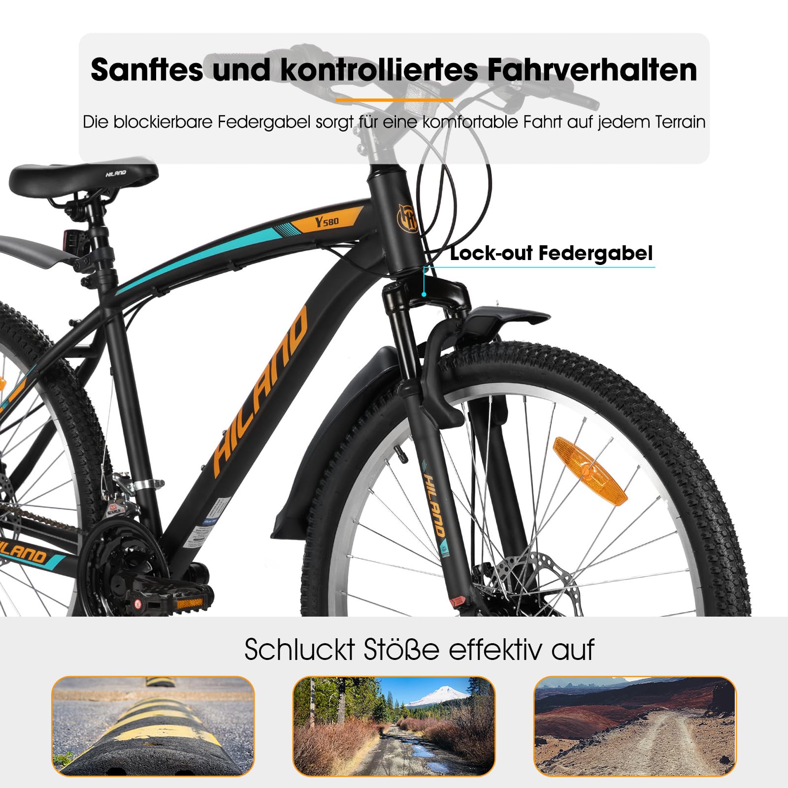 Hiland Mountainbike 26/27,5 Zoll, 18 Gang Herren und Damen MTB mit Doppelte Scheibenbremsen, 26 Zoll Mountainbike für Erwachsene mit Federgabel, MTB für Männer und Frauen, Orange/Gelb