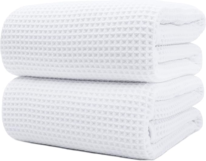 POLYTE 430 GSM Microfiber Quick Dry Lint Free Bath Sheet, 70 x 35 in, Set of 2 (Waffle Weave)