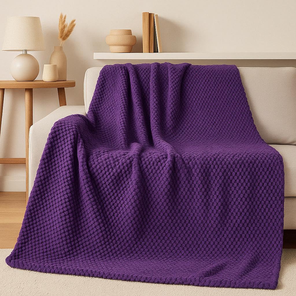 Bloom Blends Purple Luxury Popcorn Waffle Fleece Throw Blanket – Soft Warm Fluffy Bed & Sofa Blanket For Home, Couch & Settee | Thermal Cozy Reversible Design – Machine Washable (, King (200Cm X 240Cm))