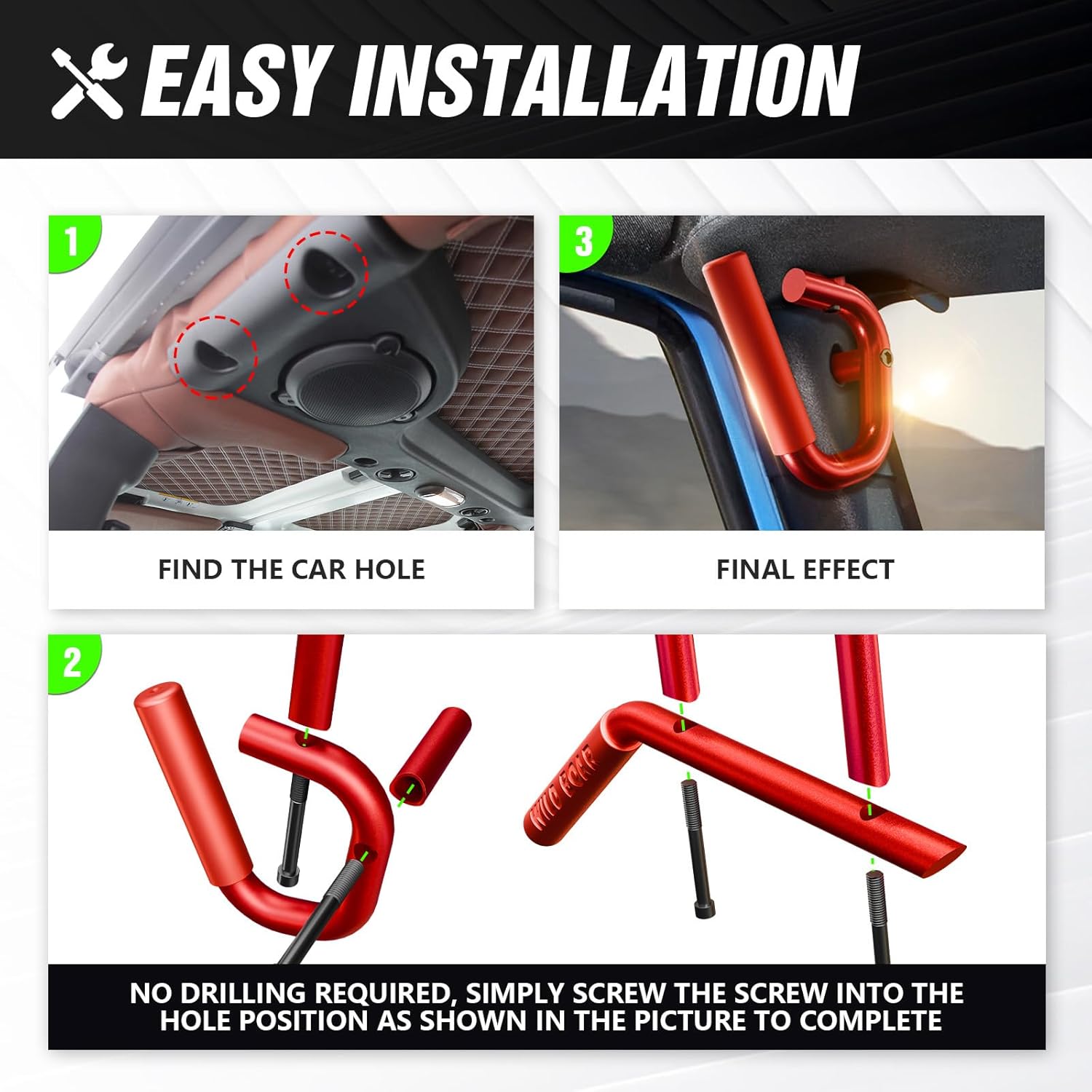 Front & Rear Grab Handle Kit Compatible with 2007-2018 Jeep Wrangler JK JKU Rubicon Sport Sahara Aluminum Alloy Grab Bar Roll Bar Assist Grips Red