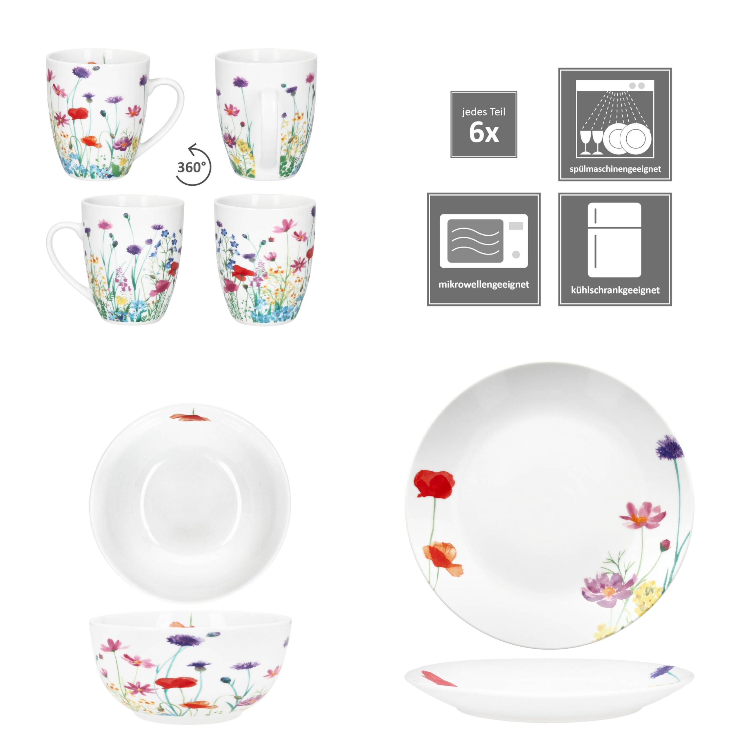 MamboCat Marie Service de petit-déjeuner 18 pièces Vaisselle en porcelaine décor prairie florale pour 6 personnes