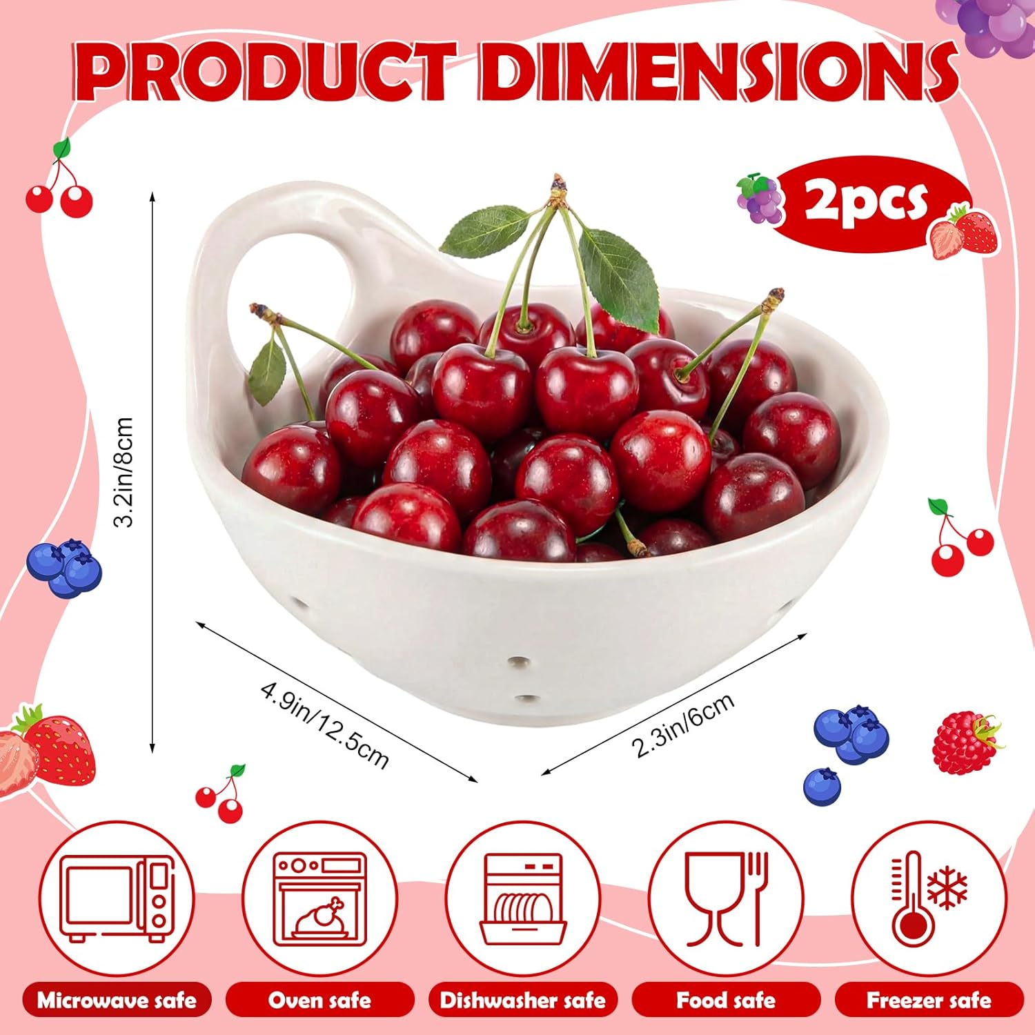 2 Pcs Berry Bowls with Holes Ceramic Fruit Basket with Handles Beige Berry Basket Rinse Fruit Stoneware Harvest Bowl Container for Kitchen Counter Strawberry Grape Cherry Microwave Dishwasher