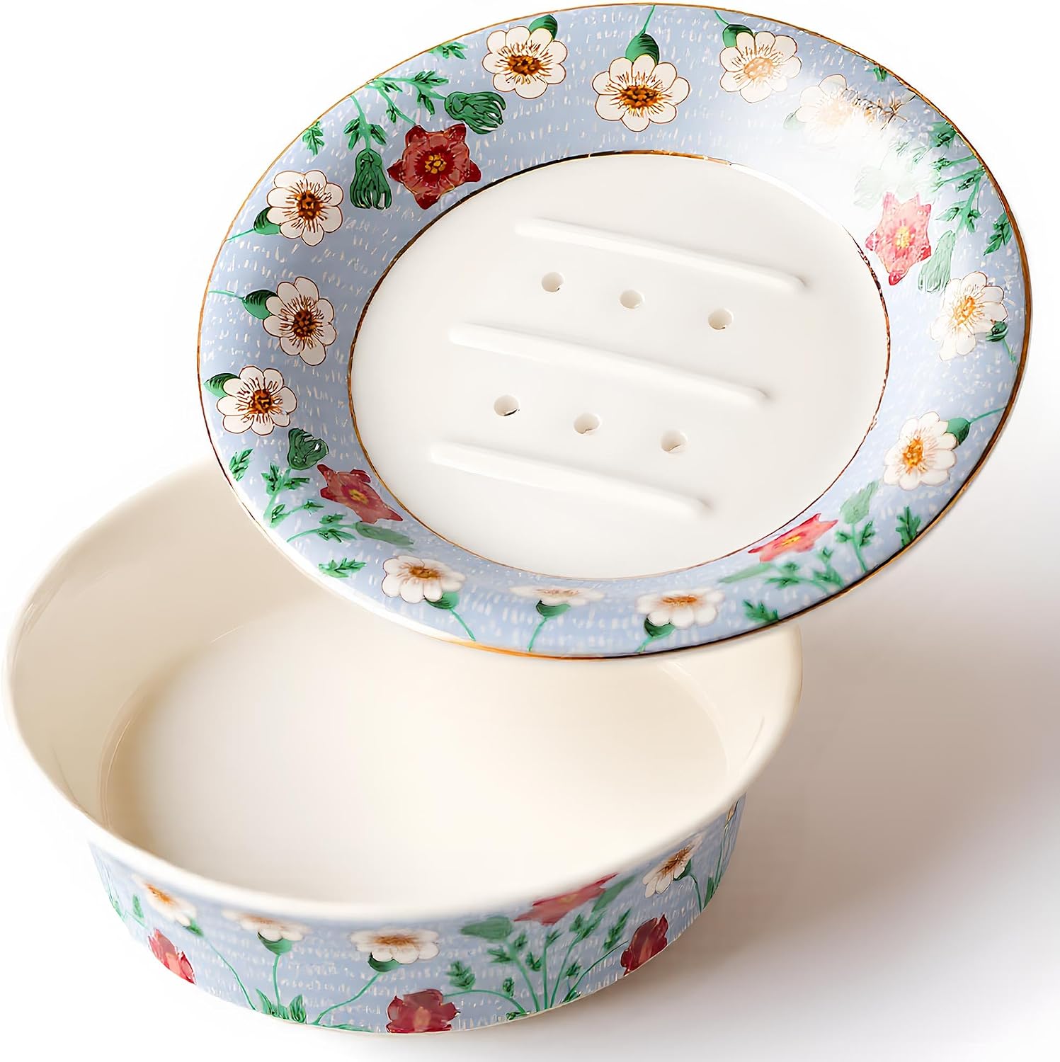 Ceramic Soap Dish, Floral Soap Holder for Bathroom Sink | Decorative floral ceramic soap tray for bar soap, sponge & sink use; bathroom or kitchen counter, gift-ready