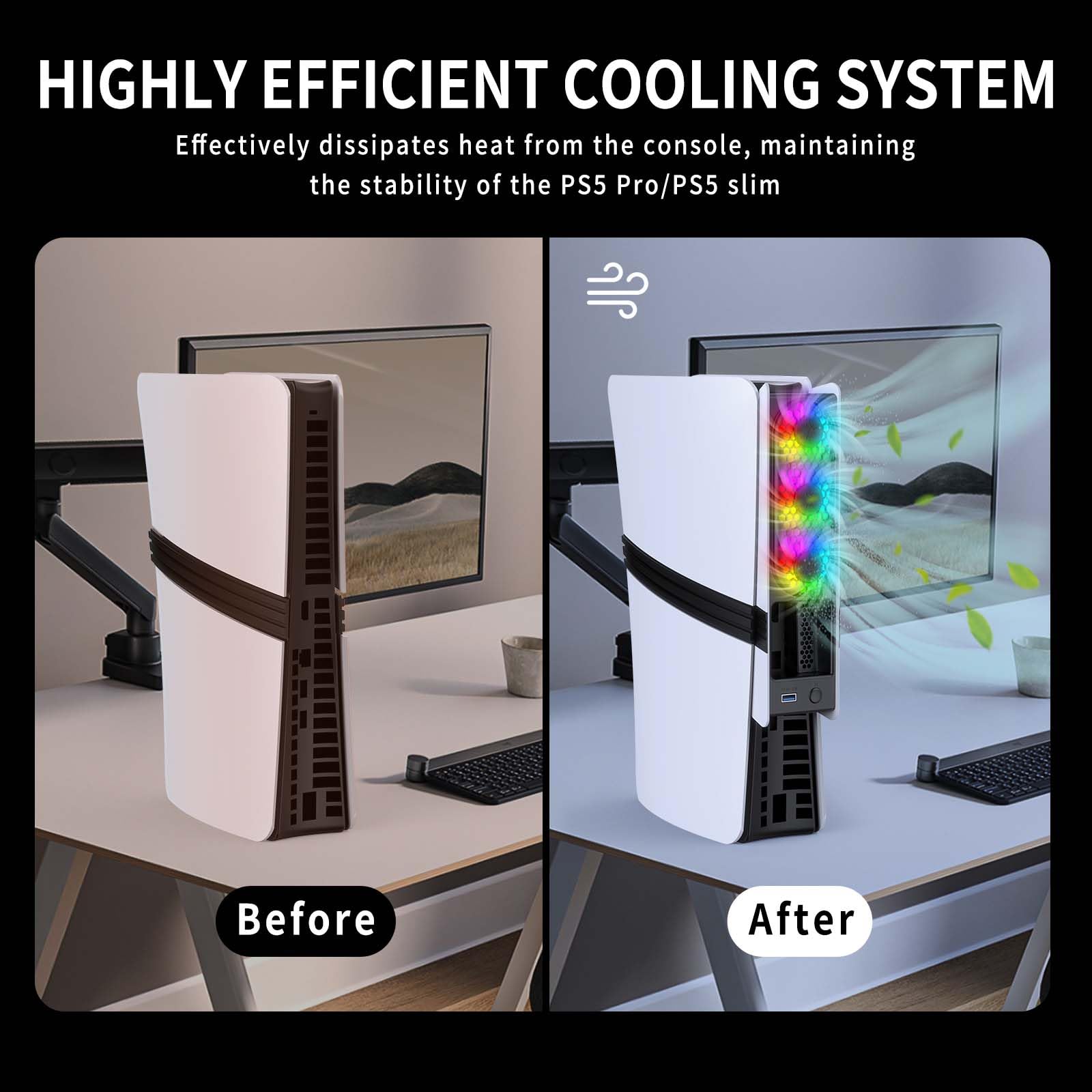 Ventilateur de refroidissement pour PS5 Pro/PS5 Slim, Refroidissement haute vitesse avec contrôle automatique de la température, faible bruit, éclairage RVB et port USB 3.0 pour les