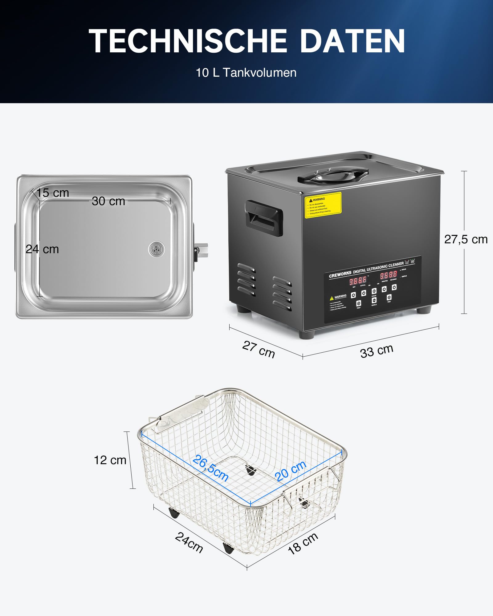 CREWORKS 10L Ultraschallreiniger Schwarz, Ultraschallreinigungsgerät mit Entgasung & Sanftmodus, 240W Ultraschallbad aus Titan-Edelstahl für Vergaser Werkstatt Motorteile Schmuck Brillen, 0-80°C LED