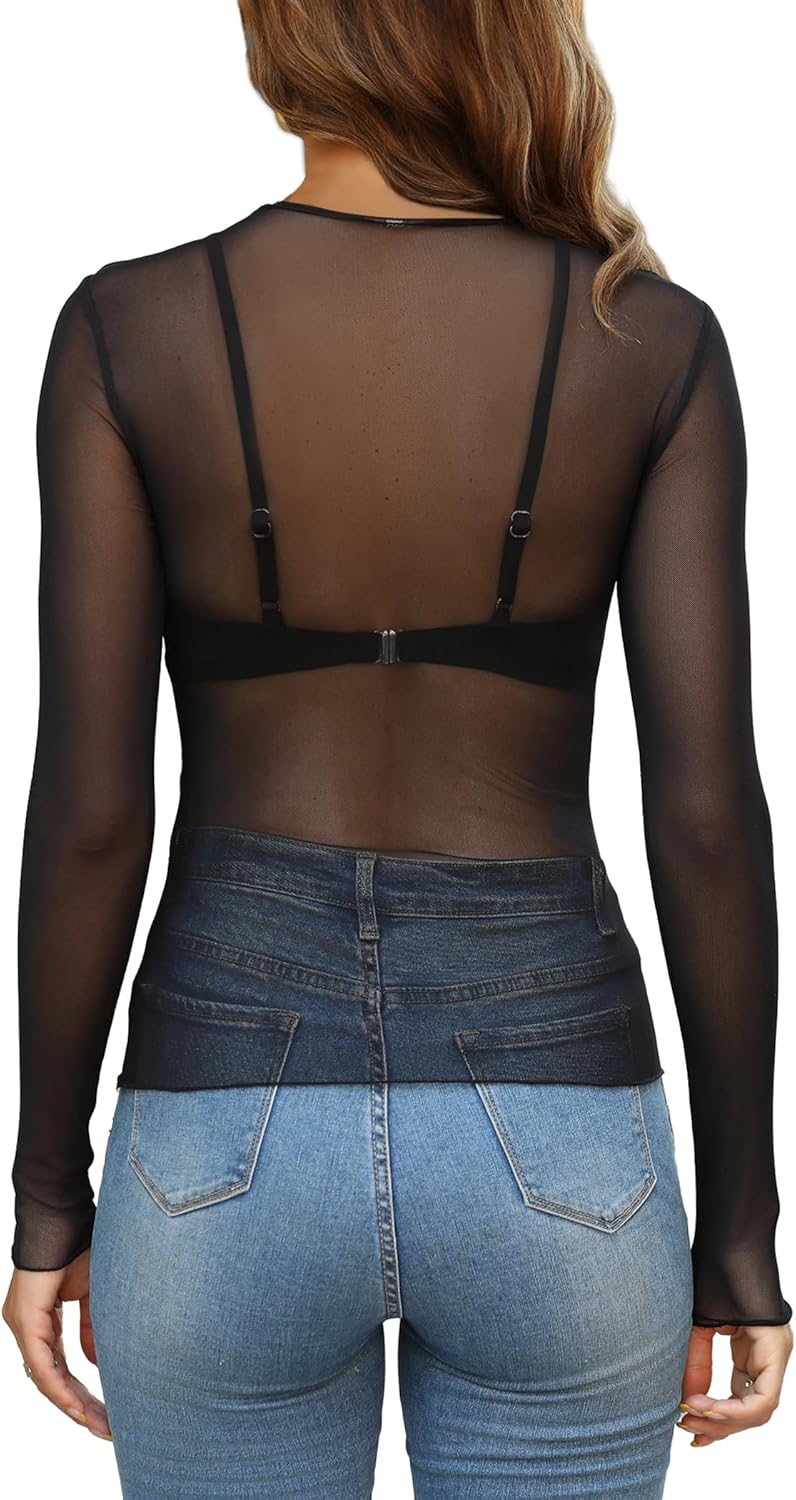 OFEEFAN Womens Mesh Tops Lace Long Sleeve Shirts Crewneck Slim Fitted Outfits See Through Blouses - Image 4