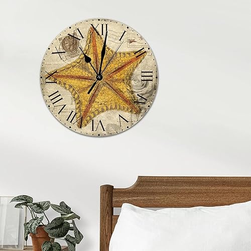 Miniatura 301 de ArogGeld Reloj de pared con diseño de estrella de mar antigua francesa, de cloruro de polivinilo, con números romanos, de 10 pulgadas, funciona