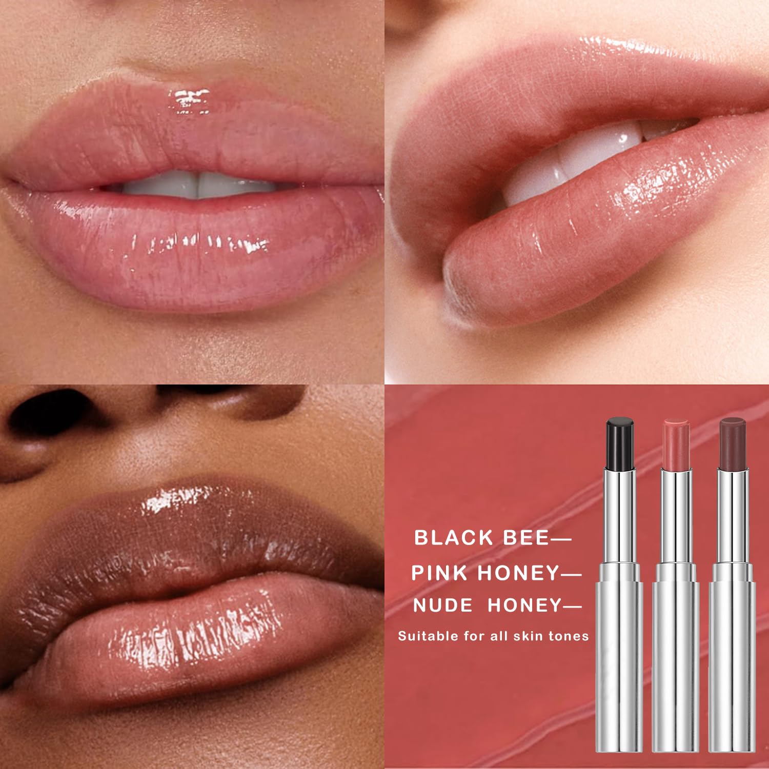 3PCS Honey Lipstick, Moisturizing Lip Color, Nourishing Lip Balm, Honey Noir Lipstick Suitable for All Skin Tones, Natural Lip Care, Long-Lasting Moisturization Non-Sticky(Black & Nude & Pink)